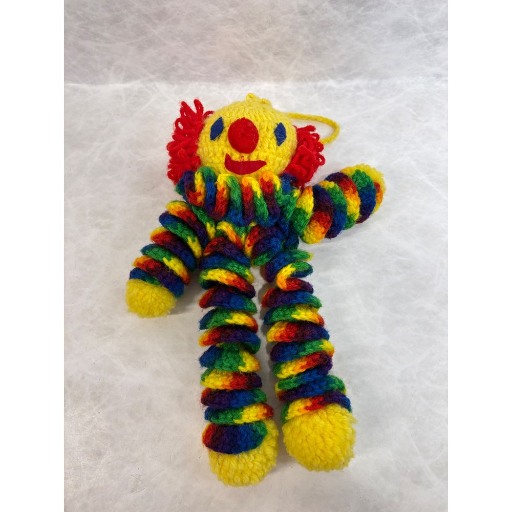Vintage Handmade Crochet Clown Doll Rainbow Spiral Yarn Plush Folk Art Toy 11in